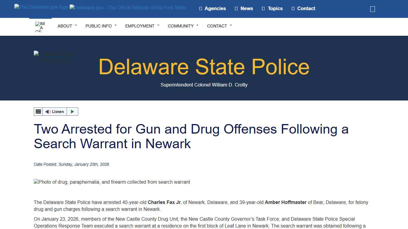 Two Arrested for Gun and Drug Offenses Following a Search Warrant in Newark - Delaware State Police - State of Delaware