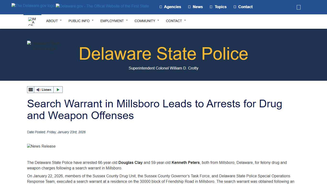 Search Warrant in Millsboro Leads to Arrests for Drug and Weapon Offenses - Delaware State Police - State of Delaware